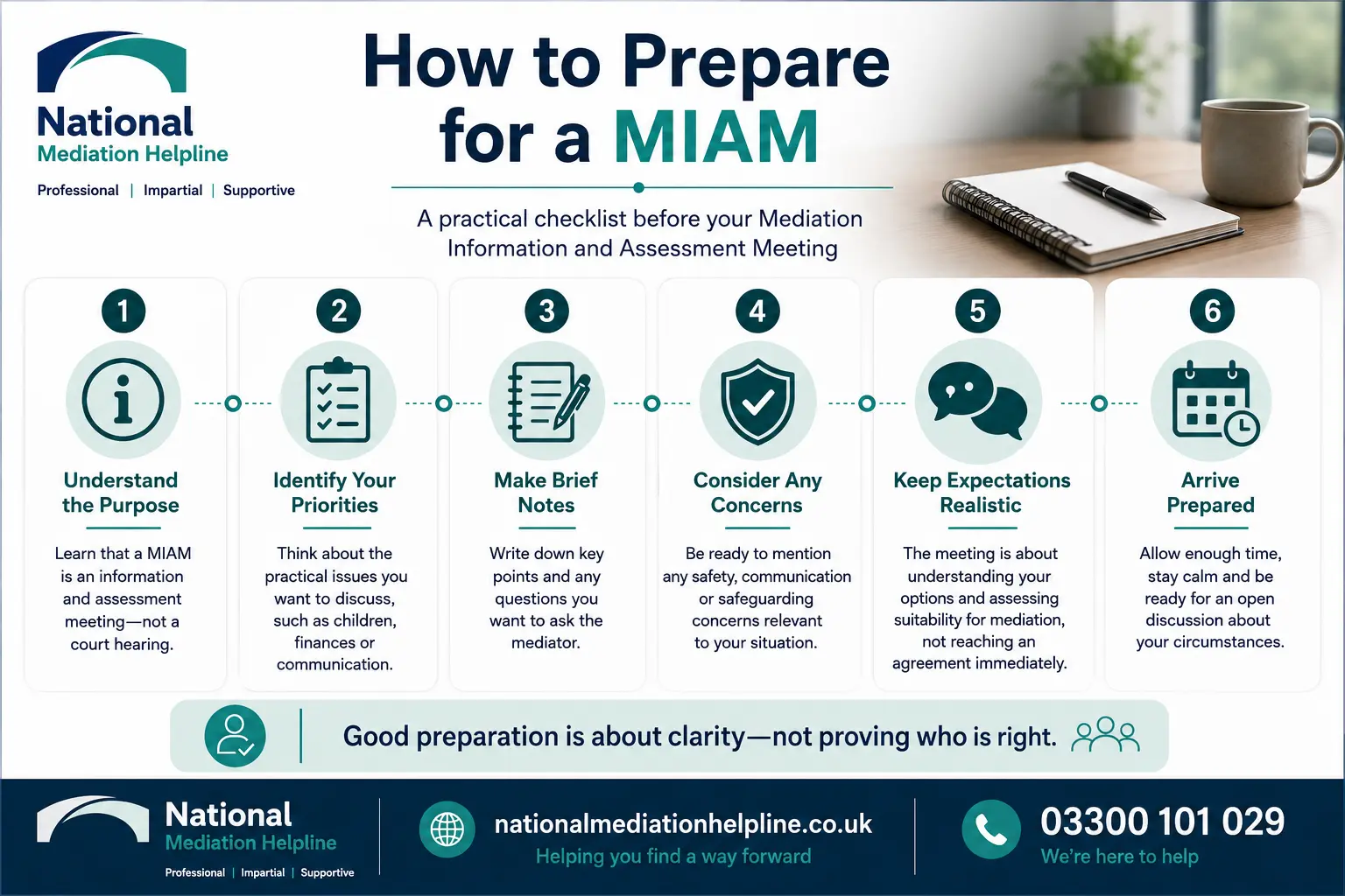 How to prepare for a miam in Eastleigh How to prepare for a miam infographics , explaining How to prepare for a miam in Eastleigh:  Understand how to prepare for a miam in 6 Steps